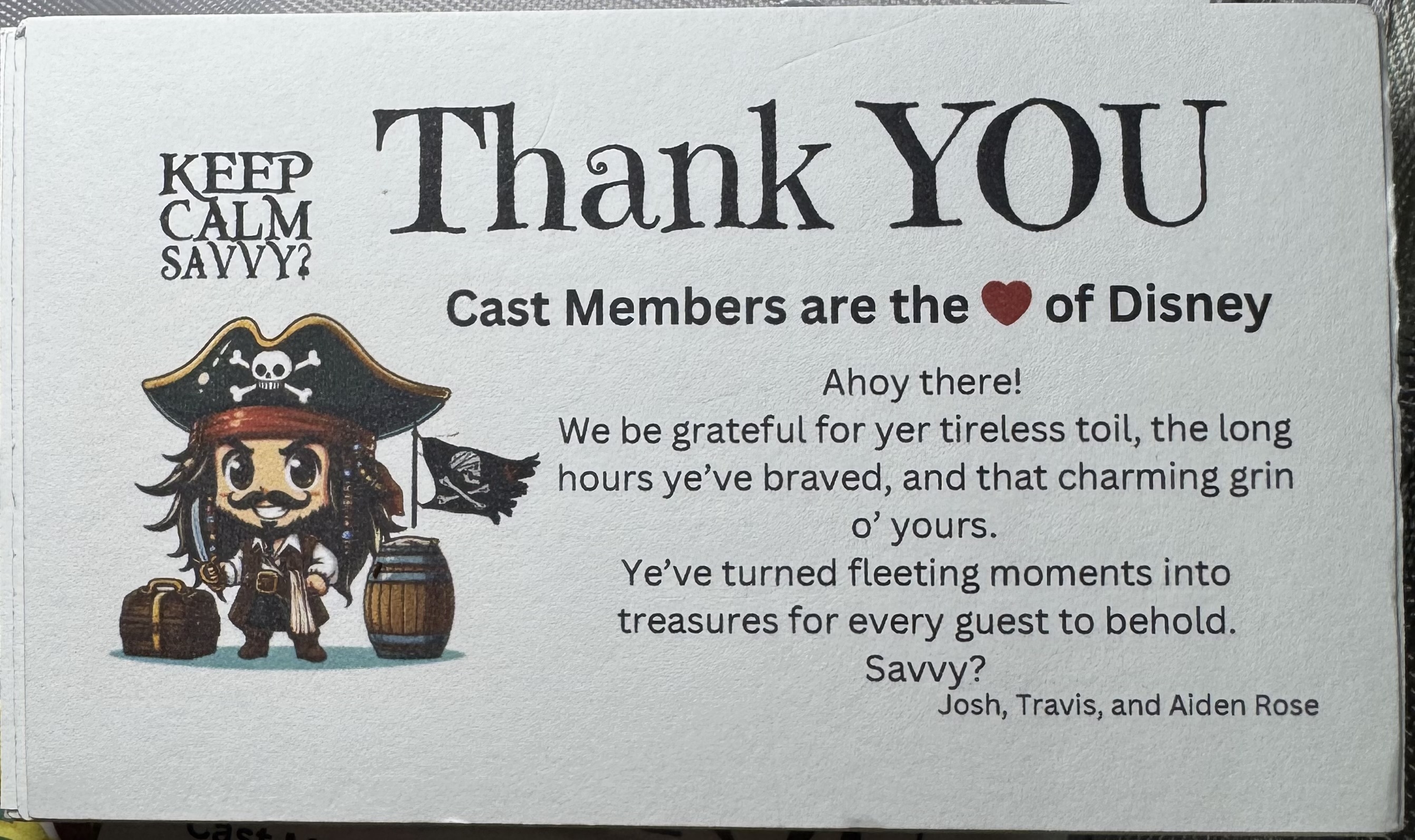 Cast Member Thank You Cards at Disney World